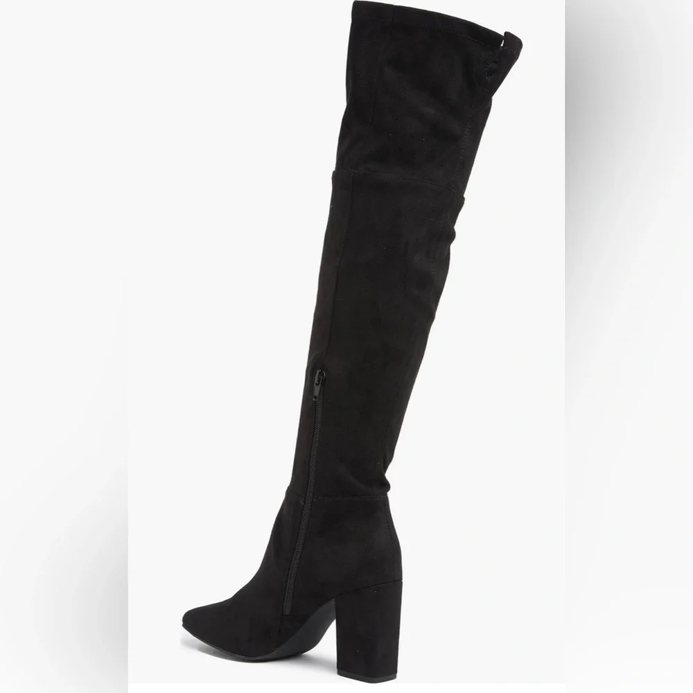 BP CALI STRETCH OVER THE KNEE BOOT BLACK FAUX SUEDE HEEL 3 1/4” SIZE 8.5 MEDIUM